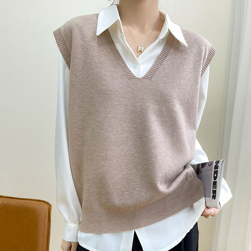 Cross-Border 2023 Autumn Women's Knitted Vest Korean Style V-Neck Solid Color Pullover Loose Sleeveless Outerwear