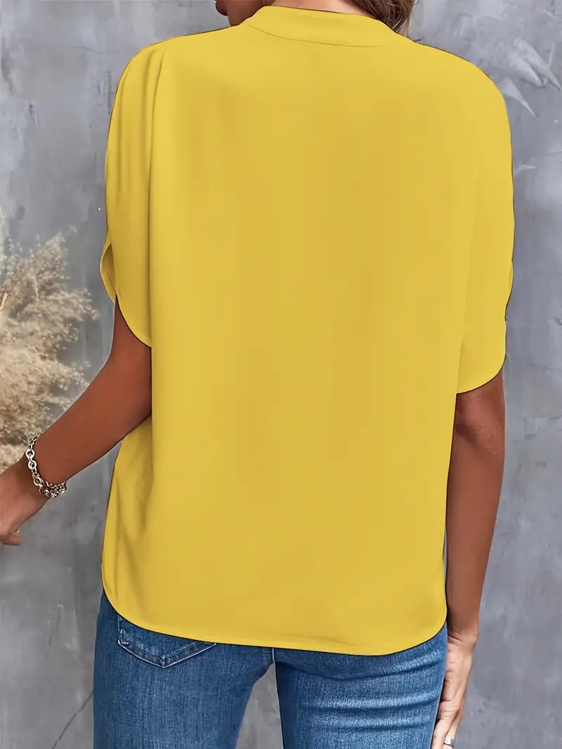 2024 Cross-Border European And American Foreign Trade Women's Summer Casual Short-Sleeve Solid Color V-Neck Loose_ecoleips.com