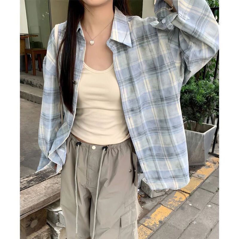 美式长袖格子衬衫春秋复古新款宽松慵懒风小个子衬衣上衣休闲外套|undefined