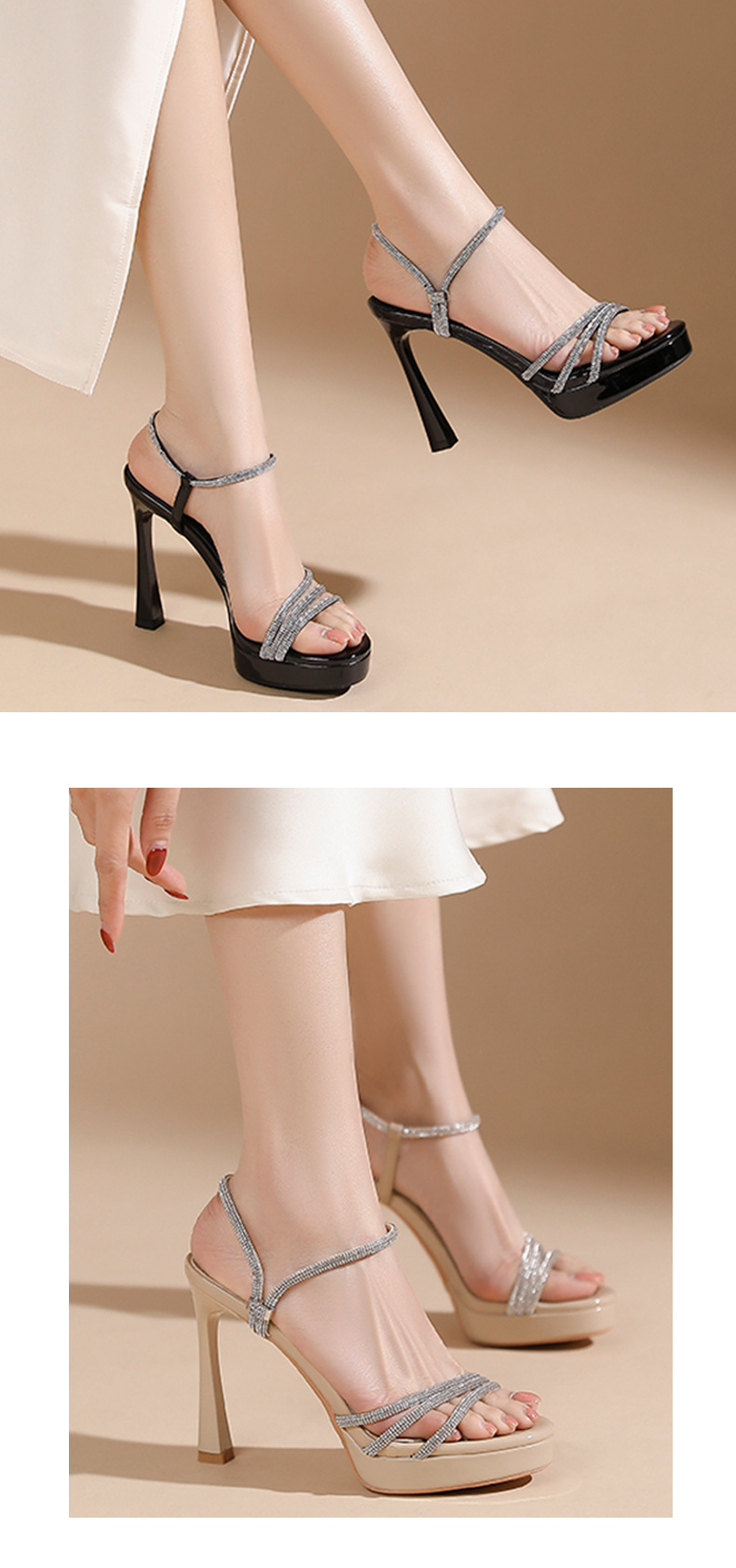 Sandal cao gót nữ mũi tròn hở ngón, đế platform, đính đá lấp lánh — màu đen chi tiết 7