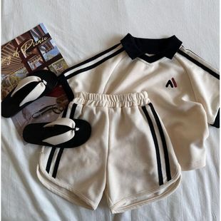 Baby Summer Clothes, Boys' Short-Sleeved Sports Suits, Stylish Lapels, Girls' Half-Sleeved Letter Printed Edge Strips Two-Piece Set