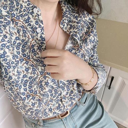 French-style niche literary retro blouse, new vine pattern floral print loose plus-size slimming tunic top long-sleeved shirt