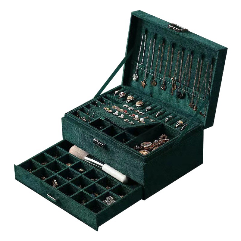 Caja de joyería de tres capas de dos capas con cerradura pendientes de franela pendientes collar pulsera caja de almacenamiento de joyas de alta gama de gran capacidad