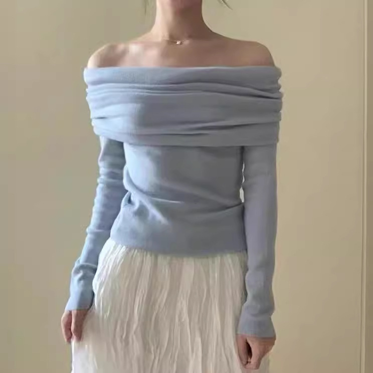French Chic Elegant, Gentle One-Shoulder Knitwear for Women, Wool Blend Slimming Look Pleated Off-Shoulder Top