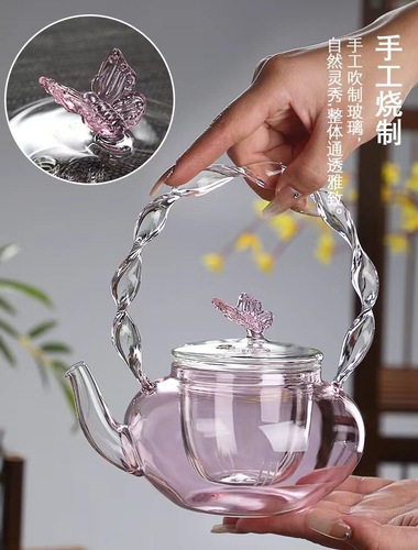 Fireside teapot glass pink butterfly button lid flower pot handle thickened heat-resistant office teapot