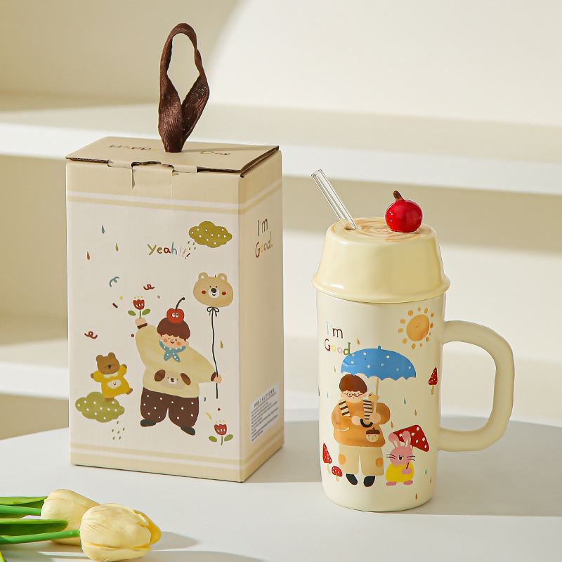Caricatura creativa para niños y niñas tazas de cerámica con cubierta de paja para parejas tazas de agua taza de leche taza de desayuno regalo