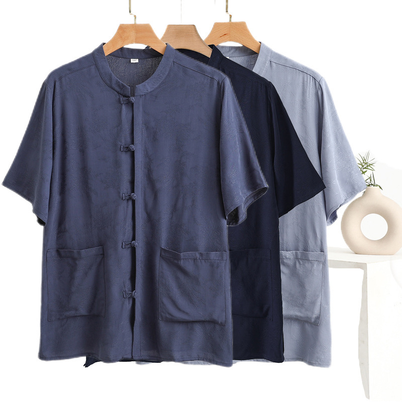 2025 Jacquard Button Cotton Short-sleeved Shirt for Middle-aged and Elderly Men's Thin Cardigan Artificial Cotton plus size Pocket Top