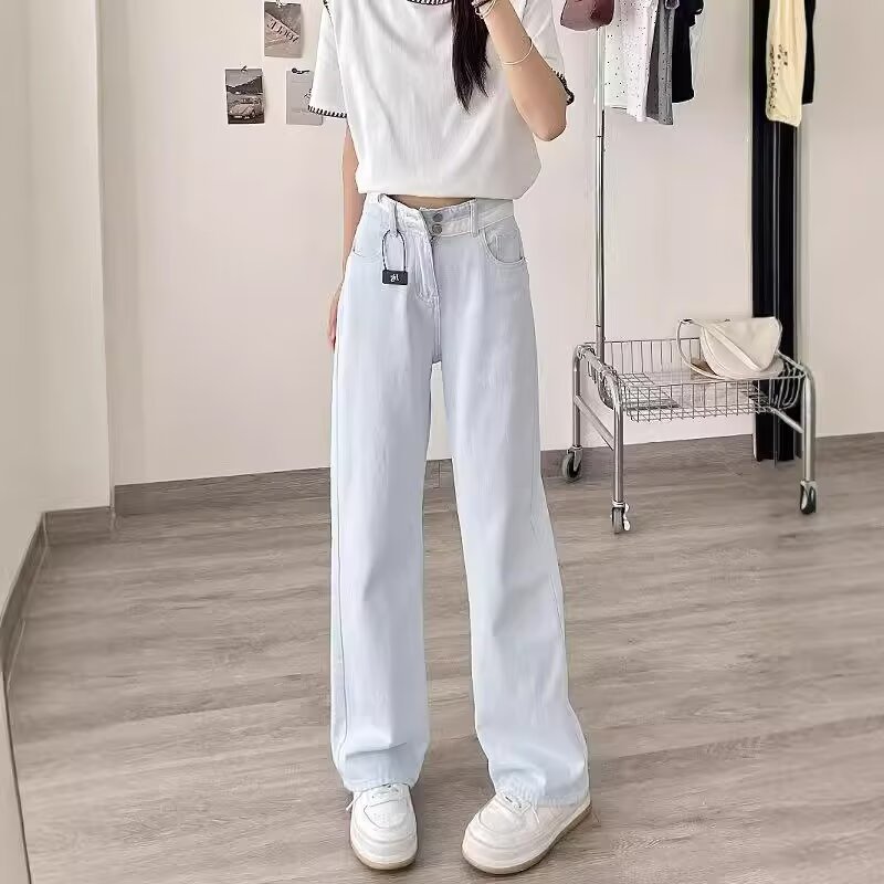 秋の新しいトレンディな女性用の背の高い人向けのコントラストカラーのストレートジーンズ、明るい色のハイウエストのゆったりとしたスリムなワイドレッグパンツ|undefined