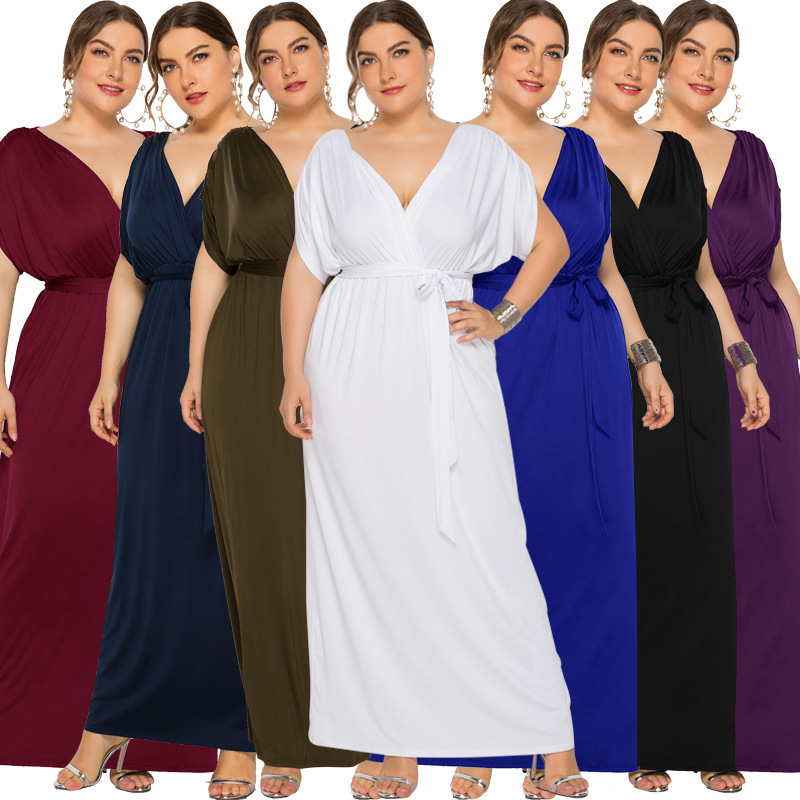 European and American Foreign Trade plus size Women's Evening Dress Amazon Sexy Solid Color V-Neck Loose Big Banquet dress
