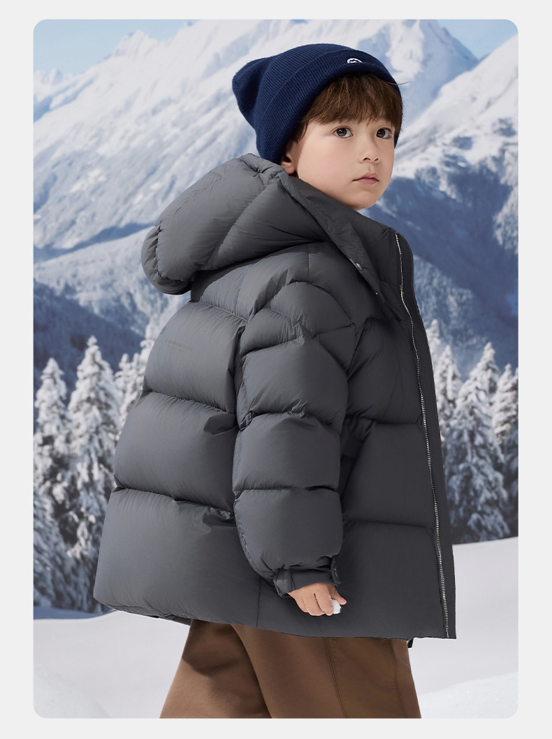 Kids Winter Puffer Jacket With 90% White Duck Down, Short Thickened Coat For Boys & Girls, Trendy Outerwear For Big Kids (120-170cm, Black/Smoke Grey)_voghion.com