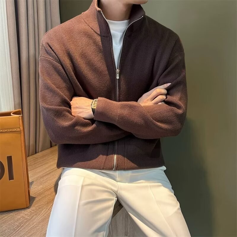 All-match Solid Color Zipper Cardigan Men's Knitwear Autumn and Winter British Slim-fit Sweater Jacket Men's Vertical Collar Half-height Outer Wear
