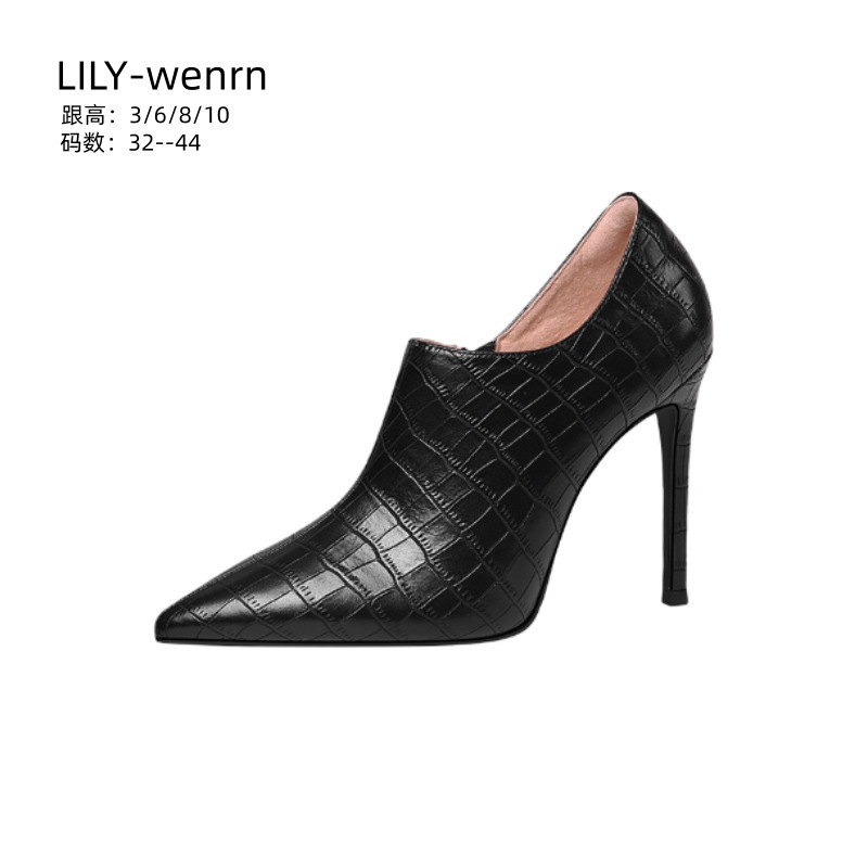 Pointed Toe Stiletto Crocodile Leather Short Boots 2025 Autumn and Winter New Single Boots Small Heel Genuine Leather Stiletto Short Boots Women's Large Size 44