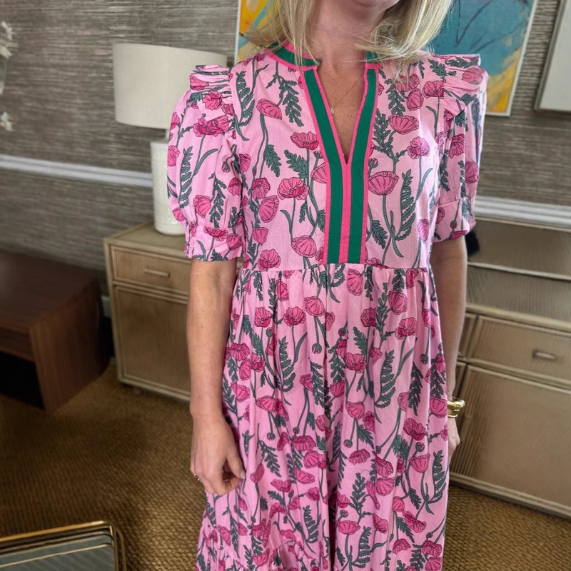 Solid Color Fresh Floral Print V-Neck Bubble Sleeve Long dress