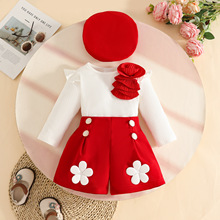 时尚甜美0-3岁女孩坑条贴花长袖上衣+装饰扣短裤贝雷帽套装春秋冬