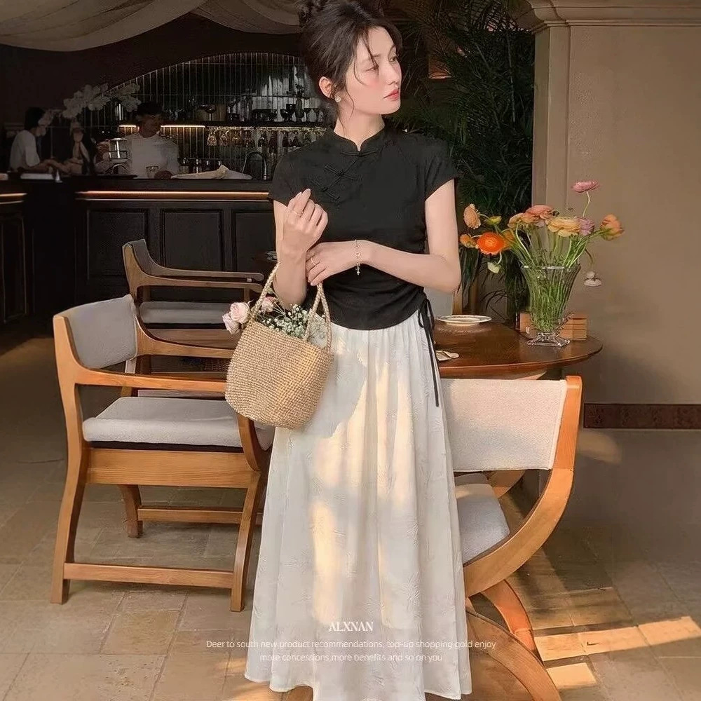 Váy chữ A dài nữ phong cách quốc gia màu trắng gạo — màu mơ chi tiết 3