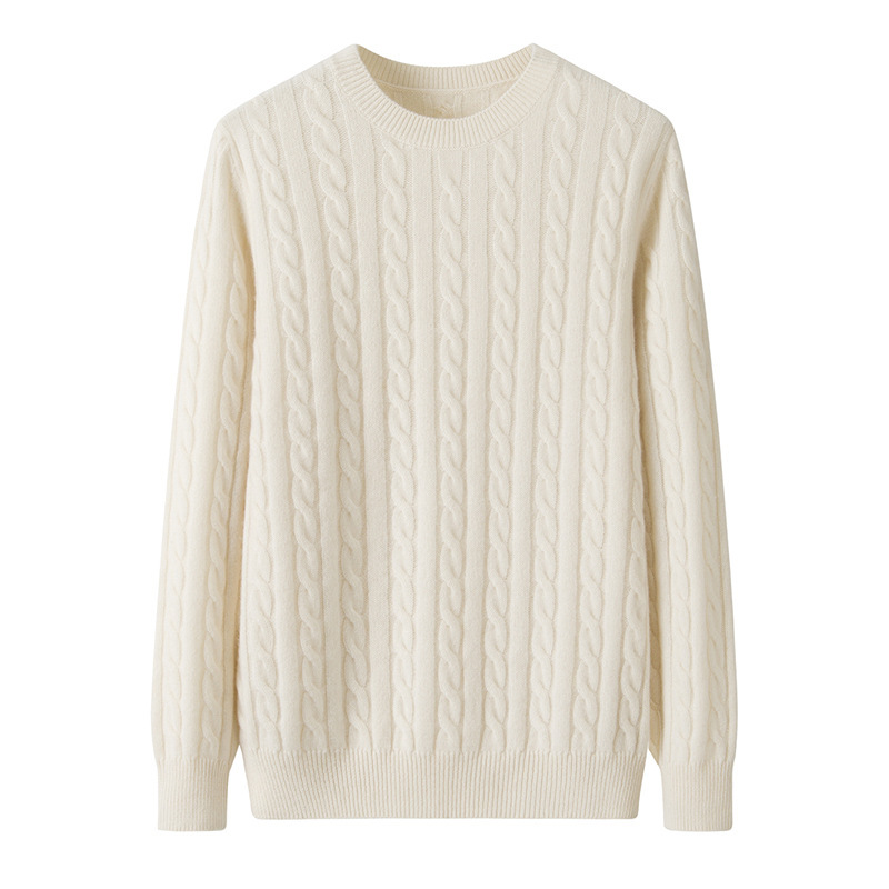 Men's Solid Color Cashmere Regular Shoulder Thickened Crew Neck Knit Sweater, 7-Stitch Cable Casual Comfortable Pullover Sweater