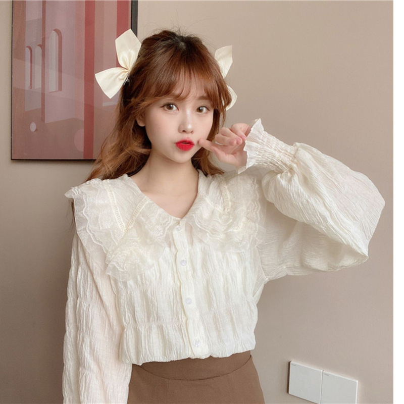 Doll Collar Puff Sleeve Shirt Women's Top Women's Base Shirt Thin Lace Chiffon Shirt Long Sleeve Spring and Autumn Small