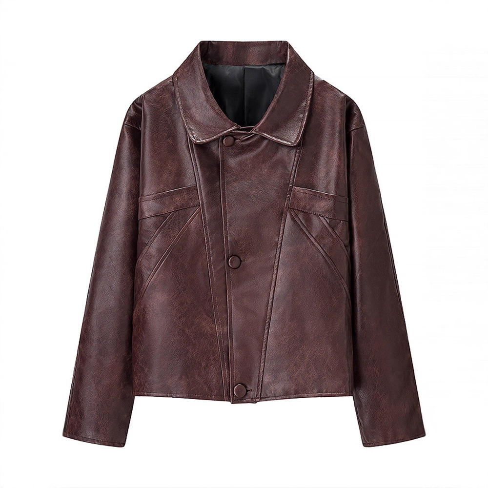 2025 Spring and Autum New Women's Clothing, Fashionable and Versatile, Simple Long-Sleeved Lapel Three-Button Leather Jacket