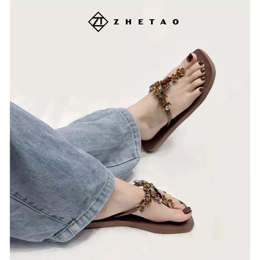 Zhetao2024 Тапочки нового стиля, европейская версия T, плоские пляжные шлепанцы с цветными бриллиантами, Резиновые Нескользящие тапочки