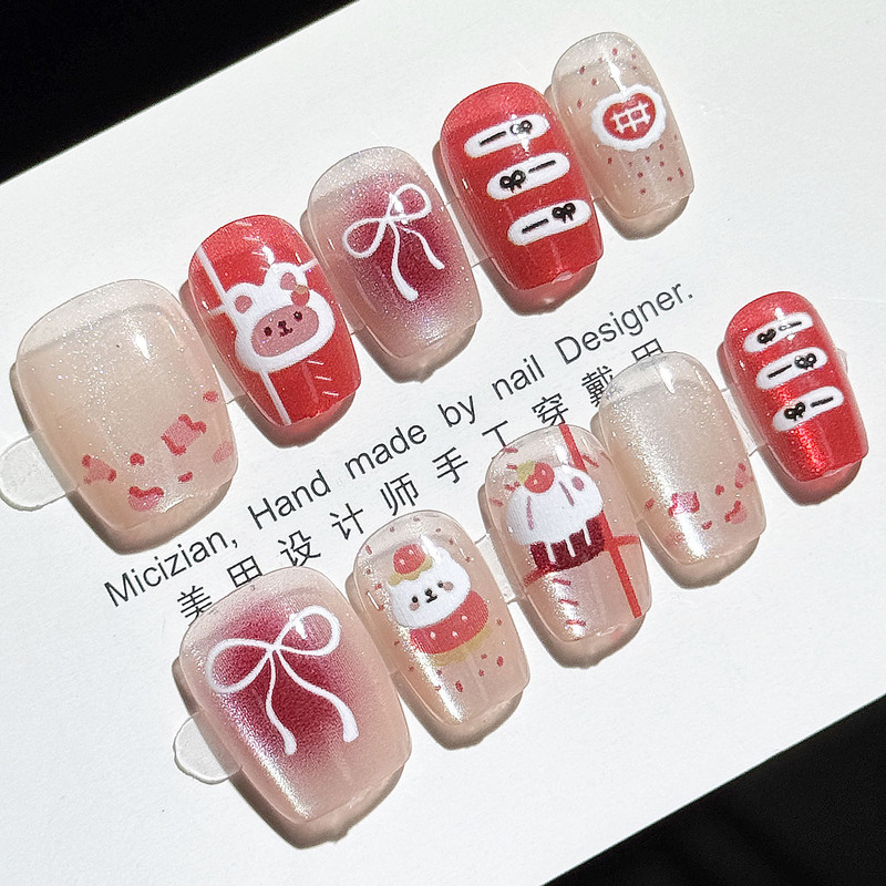 P0127-Christmas Themed Blush Cat-Eye 10-Piece Nail Art Set with Snowflakes and Bows, Festive and Sweet New Year Wearable Nails P0127-Christmas Themed Blush Cat-Eye 10-Piece Nail Art Set with Snowflakes and Bows, Festive and Sweet New Year Wearable Nails