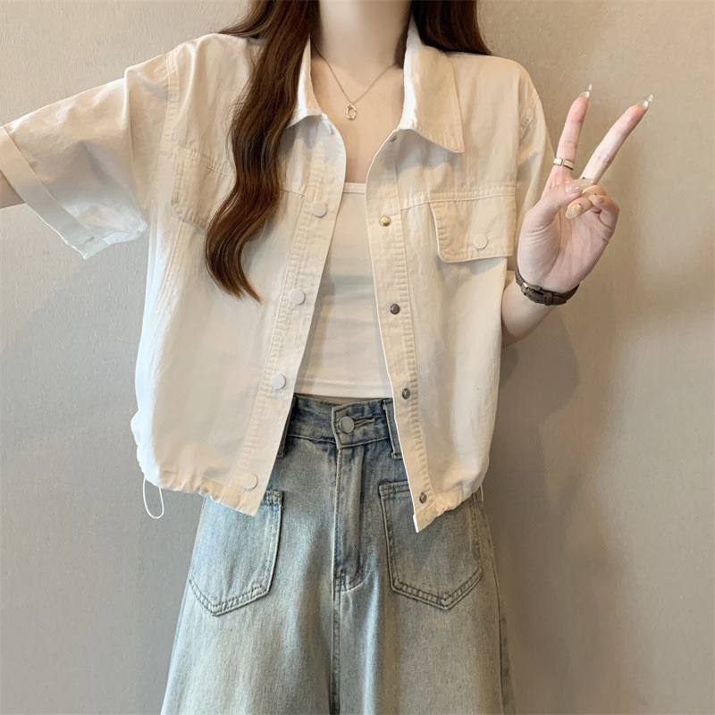 Workwear Style Drawstring Hem Short-Sleeved Shirt, Regular Shoulder Jacket for Women, 2026 Summer, Plus Size, Outerwear Cardigan Top