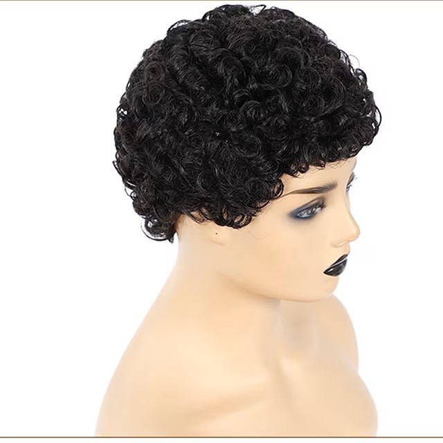 Synthetische Perücke, kurze Haare, Damen, flauschige schwarze synthetische Perücke, kleine lockige Kopfbedeckung_voghion.com
