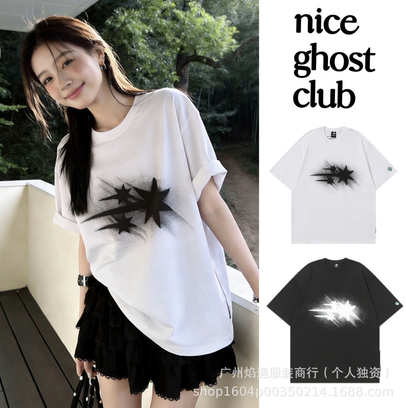 In-Stock Korean Niceghostclub Gradient Glitter Meteor Ngc Short-Sleeve Unisex Loose-Fit Versatile T-Shirt