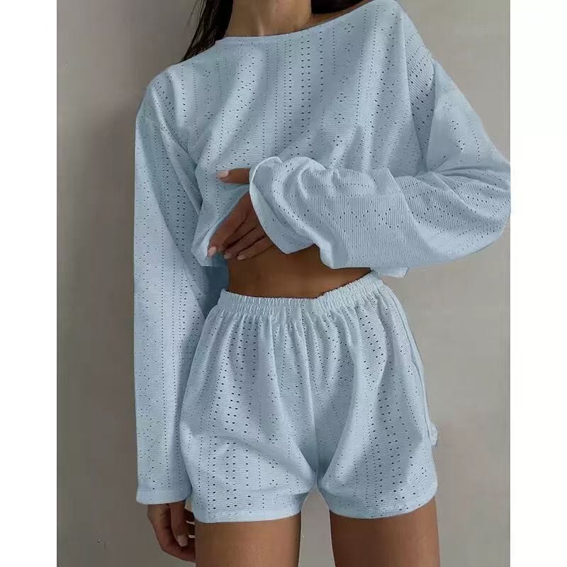 Cross-Border 2026 Summer and Autumn New European and American Style Women's Pajama Set, Fashionable Pure Cotton Slim-Fit Loose Long-Sleeve Shorts Loungewear