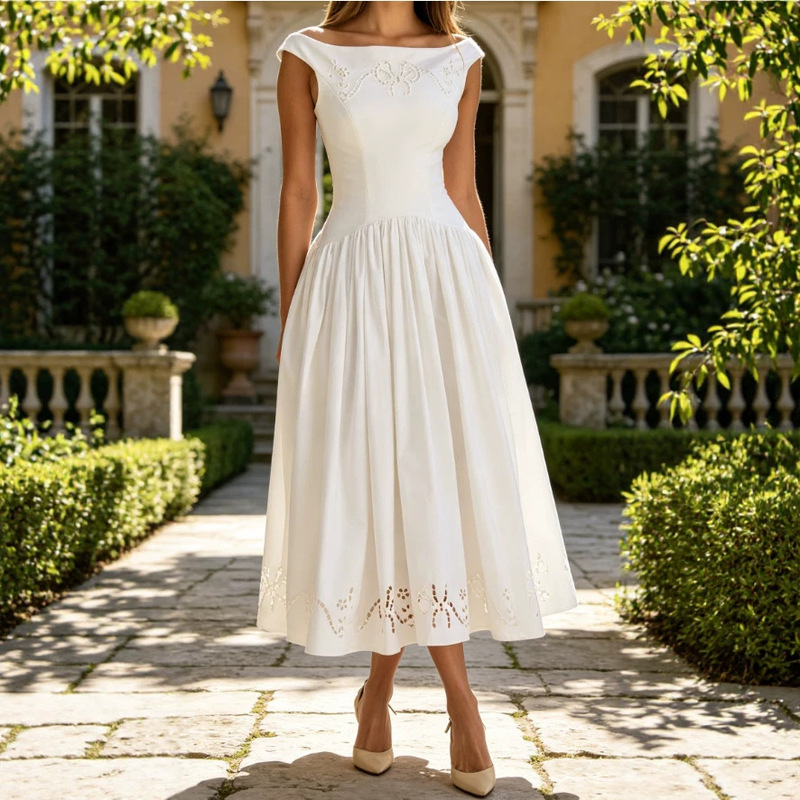 New foreign trade model white off-shoulder embroidered waist-cinching midi dress with hollow-out bow and French vintage style New foreign trade model white off-shoulder embroidered waist-cinching midi dress with hollow-out bow and French vintage style