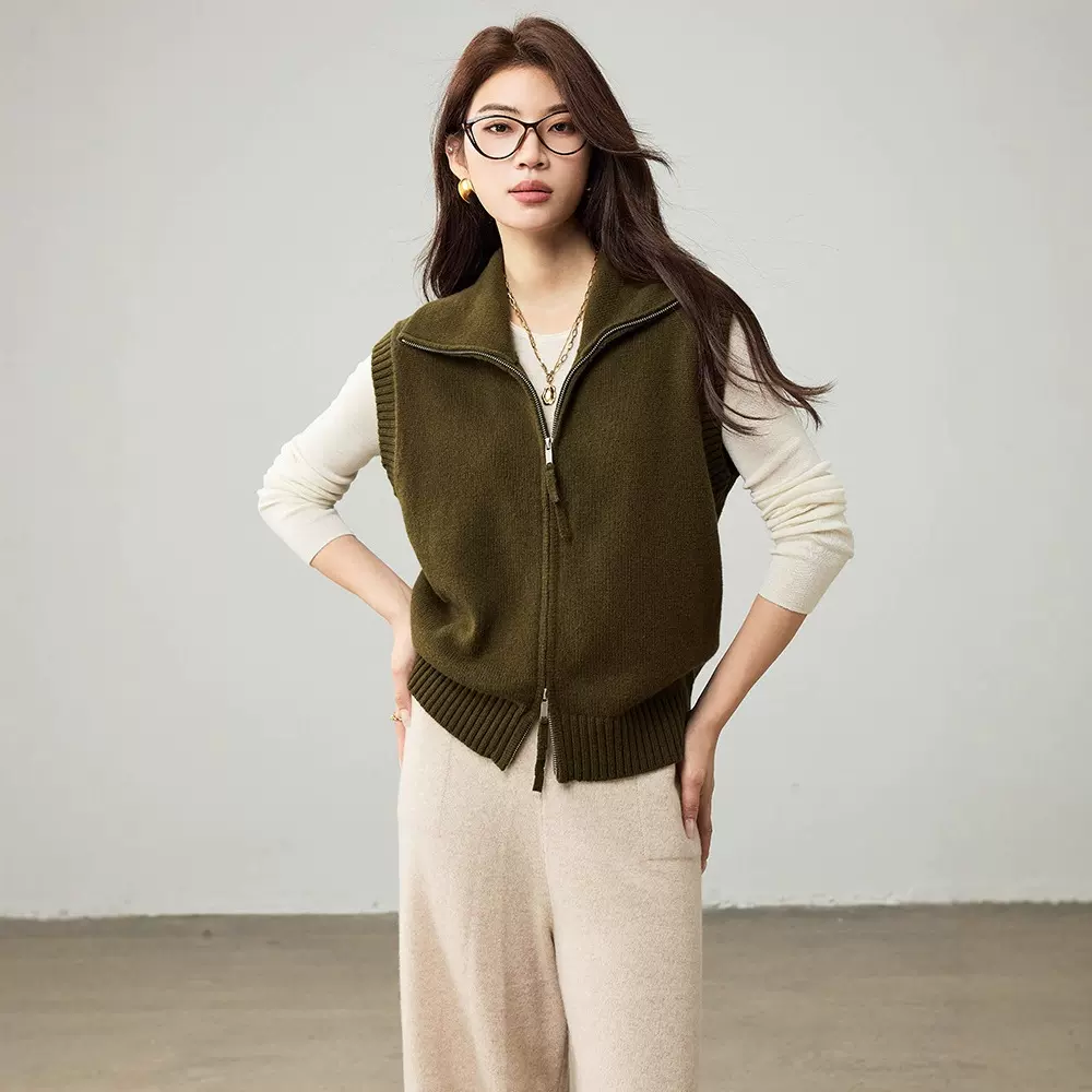 通勤时尚翻领100%羊毛马甲女秋外穿25新款女装无袖针织衫叠穿坎肩