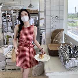 thhal 伯爵红茶 红格子无袖连衣裙女夏绝美海边背心裙