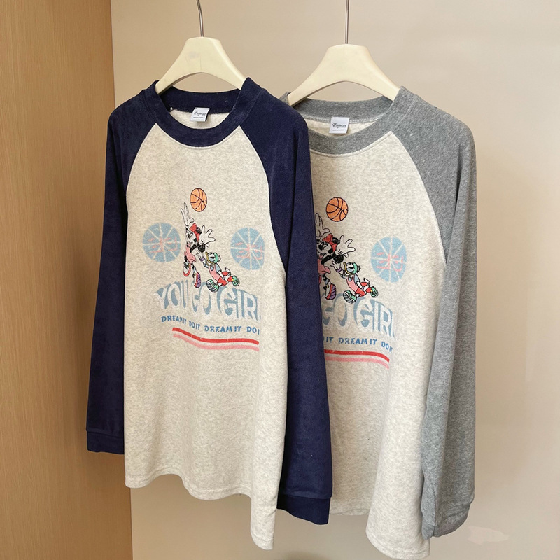 2025 New Autum Korean Dongdaemun Zhang Ruonan's Same Towel Mickey Print Color Matching Raglan Long-Sleeved T-Shirt for Women