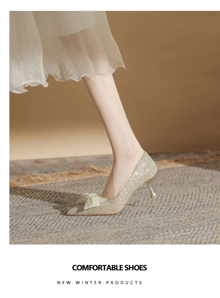 Giày cao gót mũi nhọn miệng nông đính sequin kiểu Pháp — Màu Sâm panh chi tiết 10
