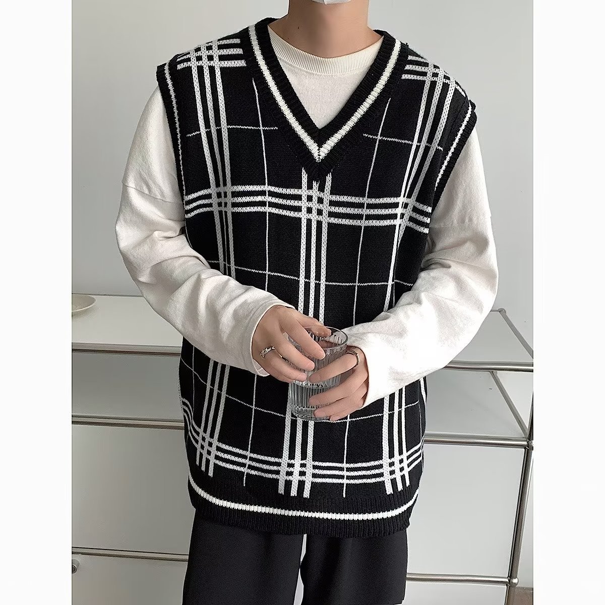 A cuadros grandes de punto pequeño chaleco suéter de primavera y otoño chaleco exterior apilado chaleco adelgazante de moda nuevo chaleco a juego