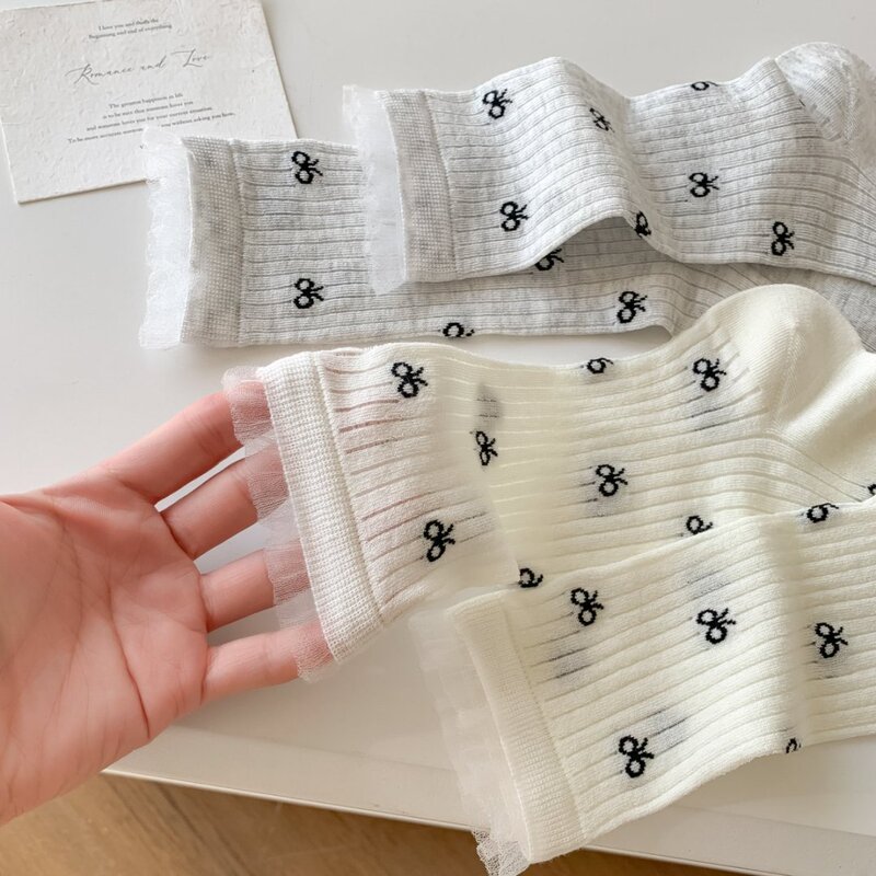 Mekki Socks Women's Summer Ultra-Thin Mid-Calf Socks Sweat-Absorbent Socks Girls Breathable Bow Pile Socks