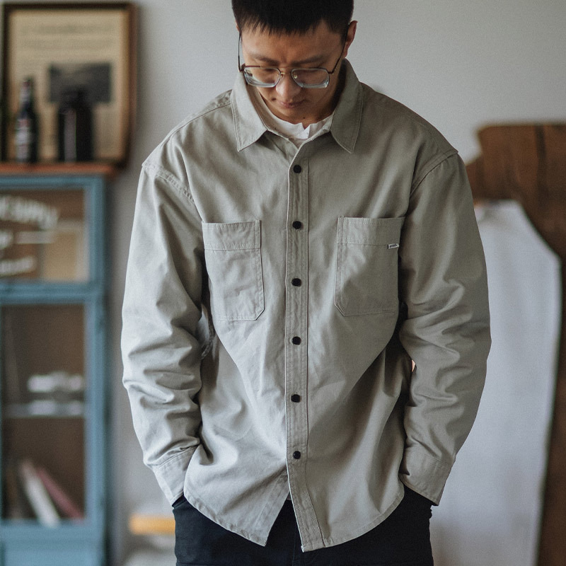 Japanese Style Vintage Washed Heavy-weight Canvas Cotton Shirt Ami Khaki Loose Lapel Long-sleeved Shirt for Men