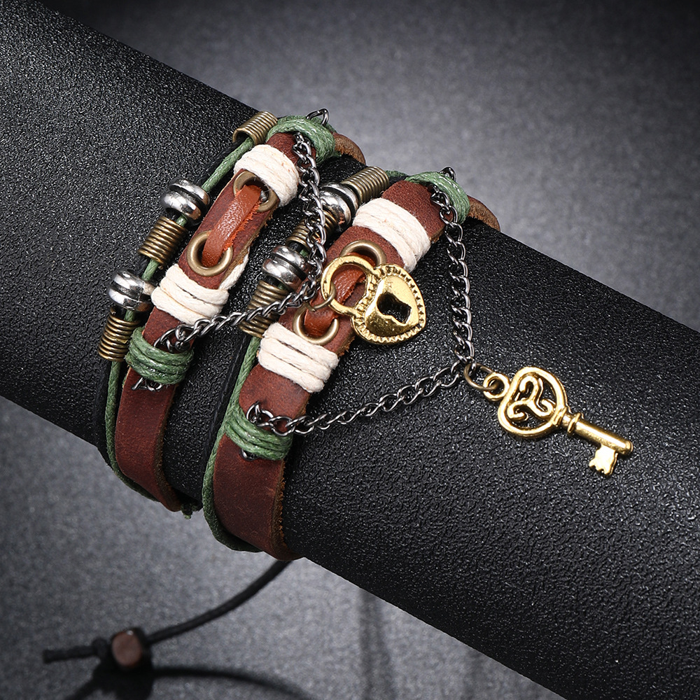 20g Weight Bracelets Classification Retro Key Lock Pu Leather Alloy Wax Line Knitting Couple Bracelets