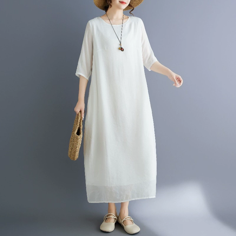 Новое летнее платье 2025 года с круглым вырезом и средними рукавами из искусственного шелка, длинная юбка для путешествий, экспорт Санья