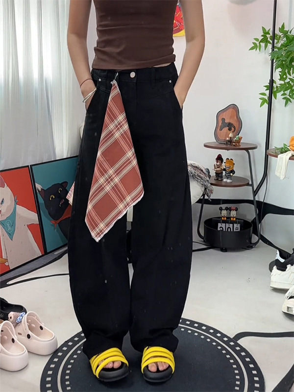 美式黑色弯刀牛仔裤男2025新款潮牌痞帅宽松阔腿直筒休闲裤男装潮|undefined