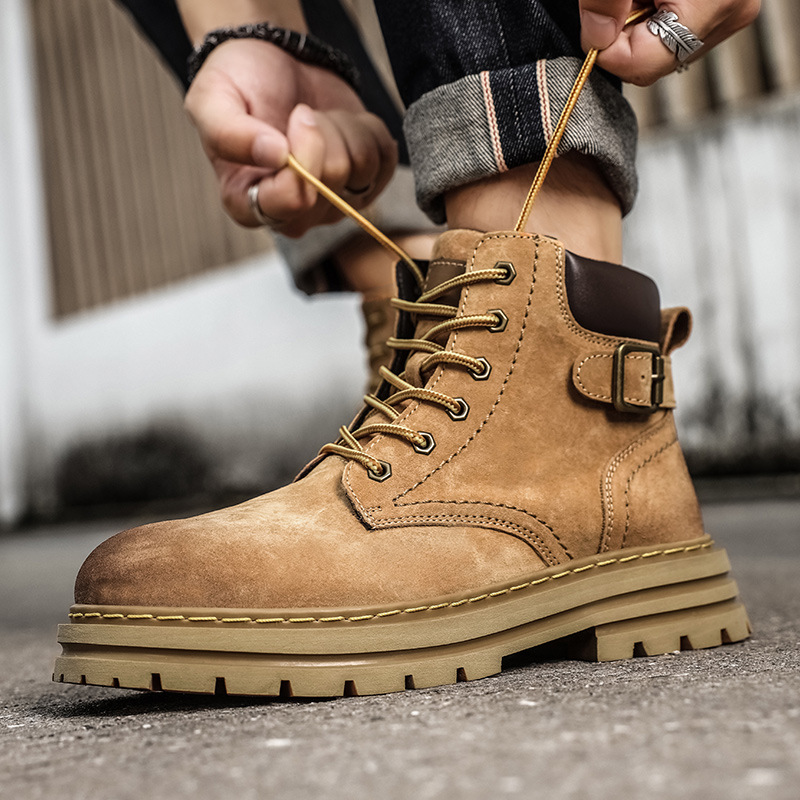 Men's ankle boots Autumn high top men's boots Retro casual desert boots Leather big yellow boots platform work boots_voghion.com