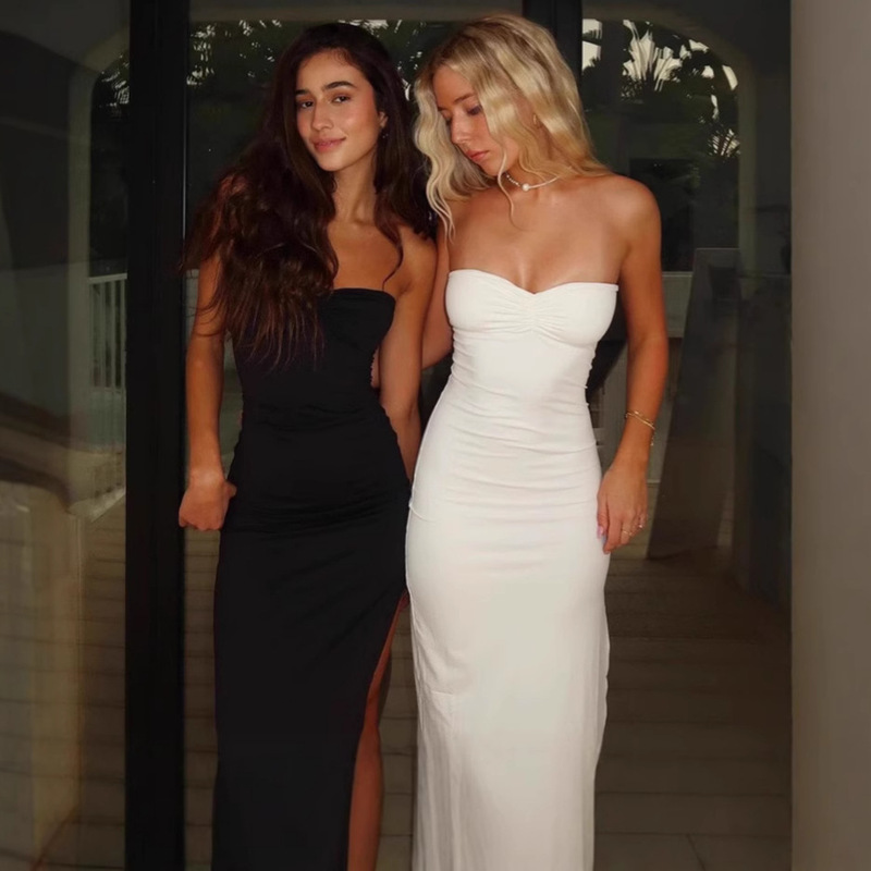 2025 Europe and the United States cross-border foreign trade women's summer sexy hot girl wrapped chest slim side split long solid color dress