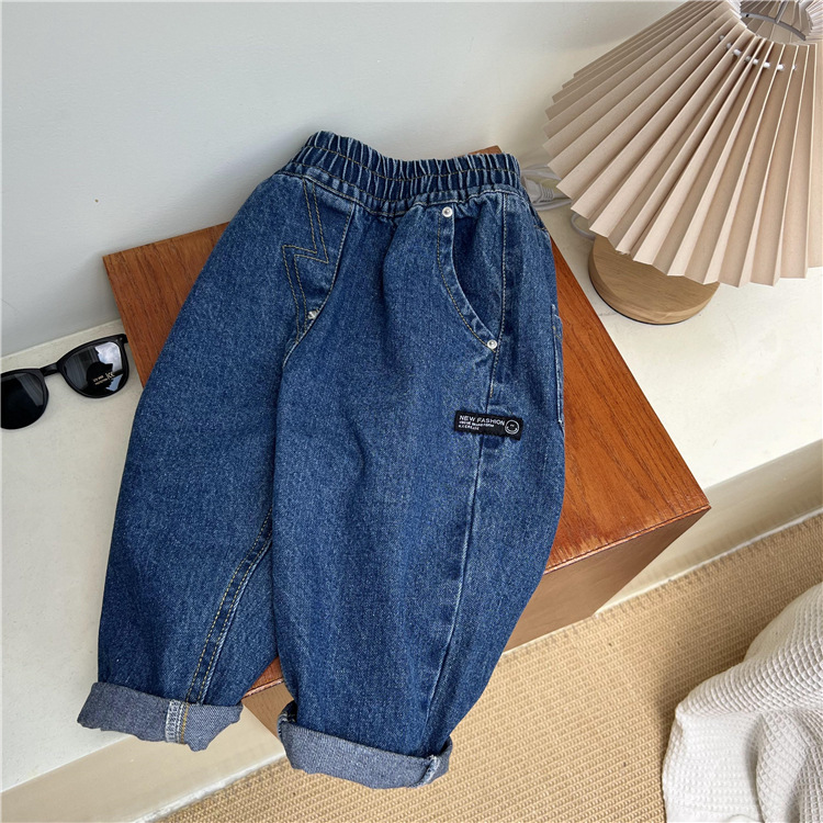 Korejske otroške oblačila, jesenske temno modre kavbojke 2024, ohlapne enobarvne očetovske priložnostne jeans hlače za fantke in deklice_voghion.com