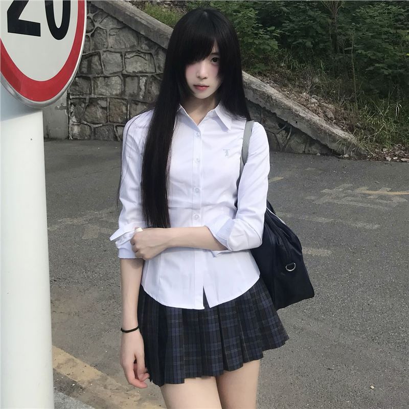 New Product Xiaozhichuan White Waist Long-sleeved Shirt Women's Autumn College Style JK Uniform Slim-fit Embroidered Shirt