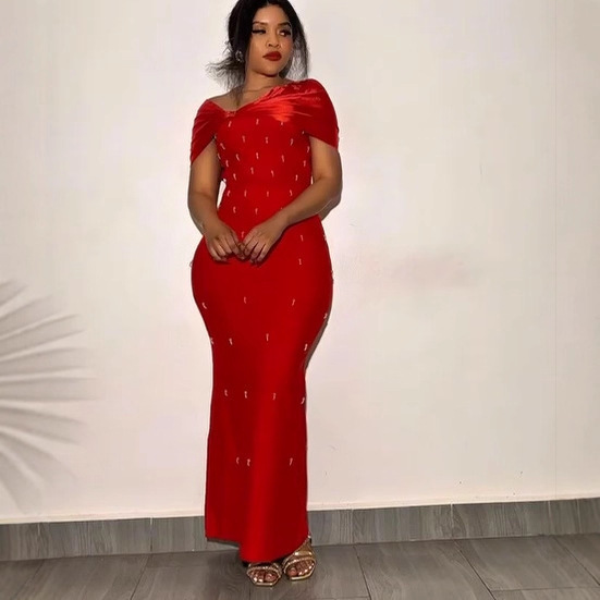 Foreign Trade Supply One-Shoulder Slim-Fitting Beaded Slim-Fitting Sexy Long Skirt African Women's European and American Dress