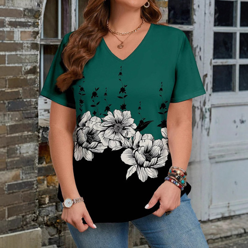 Summer Cross-Border Floral Pattern 3D Print Women's V-Neck Short-Sleeve Top Base Shirt