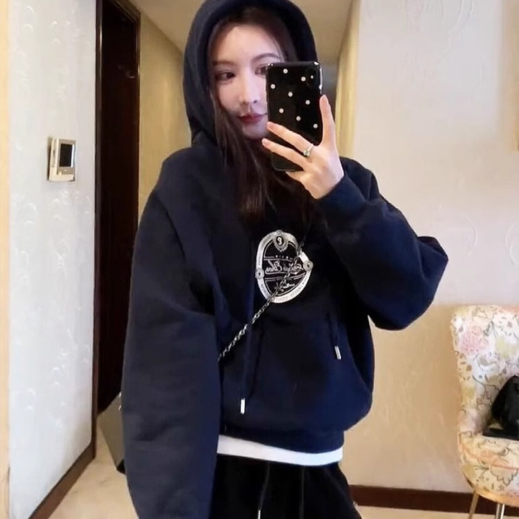 한국식 유행 연령 감소 인쇄 후드 땀 여성의 봄과 가을 세련된 캐주얼 올 매치 슬림 핏 트렌디 탑