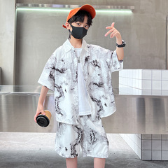 男童夏裝洋氣襯衣短袖套裝2024新款潮兒童痞帥國風夏季潑墨兩件套