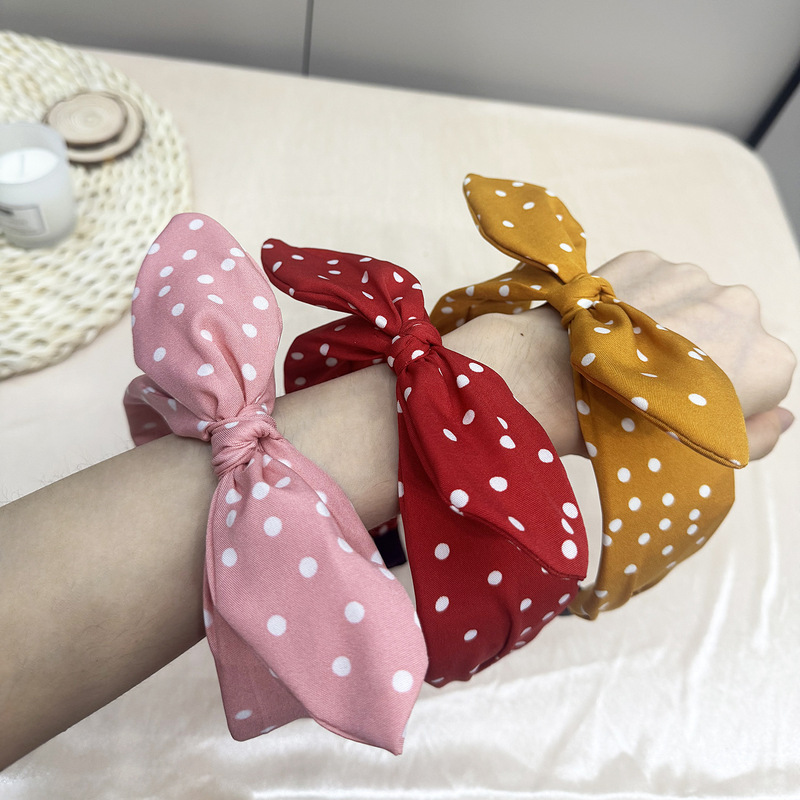 Retro Polka Dot Simple Rabbit Ear Knotted Headband, Ins Wide-Brim Bow Fabric Headband, Internet Celebrity Super Fairy Hair Accessory