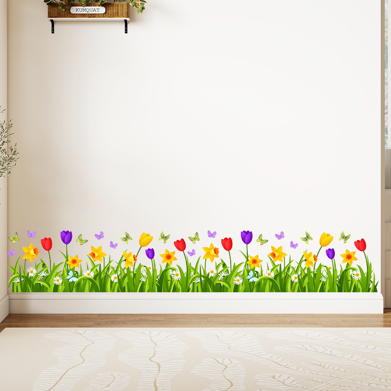 Home Decor Stickers with Flowers, Green Grass, and Butterflies; Self-Adhesive Wall Molding with Grass Design Home Decor Stickers with Flowers, Green Grass, and Butterflies; Self-Adhesive Wall Molding with Grass Design