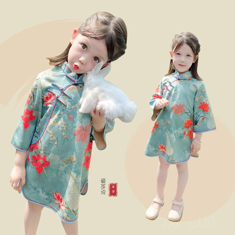 Платье Cheongsam с рукавами из девяти точек для девочек, детский костюм Тан в китайском стиле, национальная Мода, юбка ханьфу средней длины